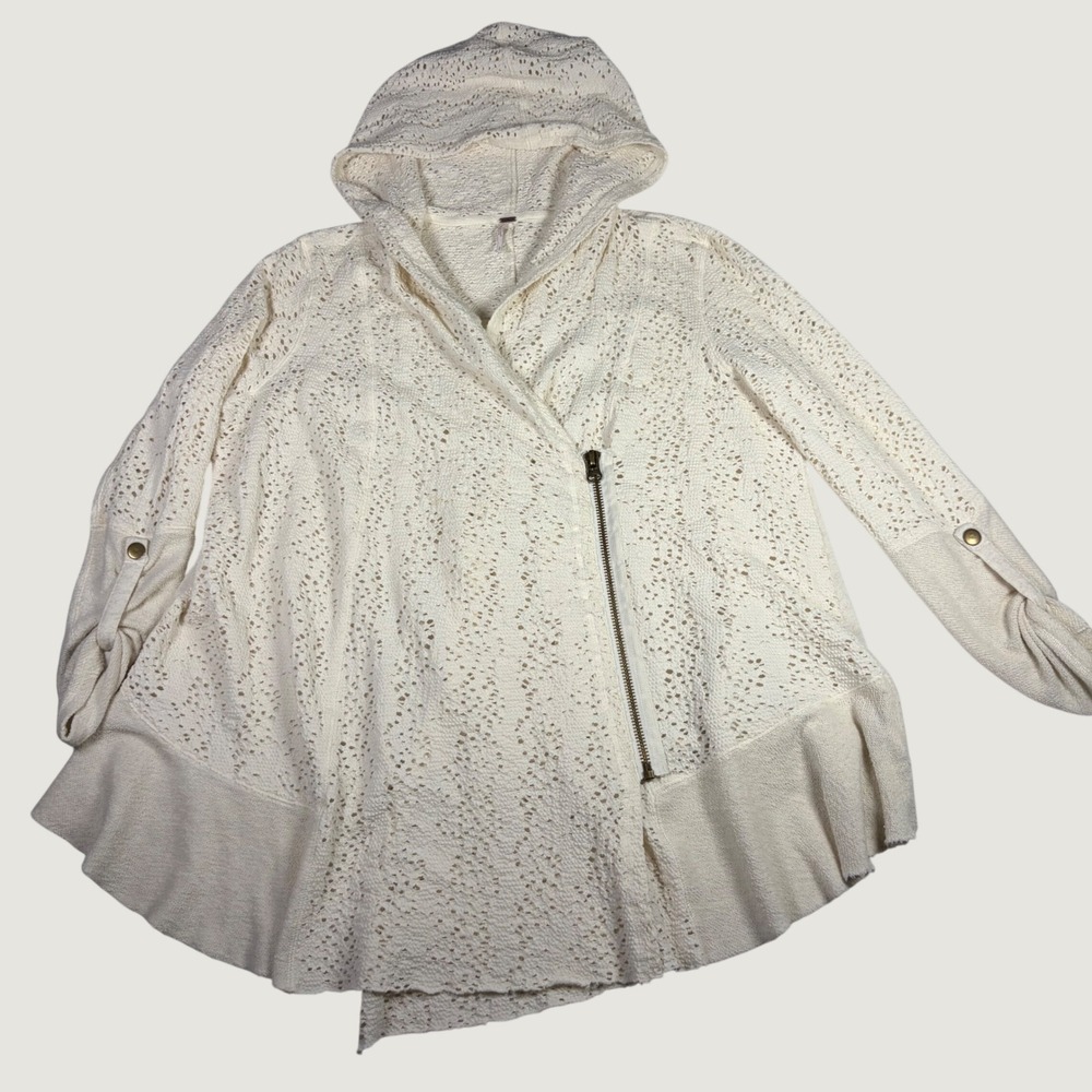 Free People Hoodie Eyelet Knit Asymmetrical Zip Boho Ethereal Fairycore Cream S